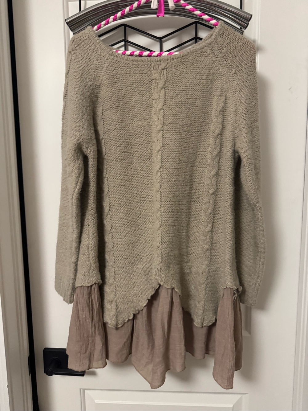 Wool Beige Cable Knit Sweater with Taupe Ruffle Hem